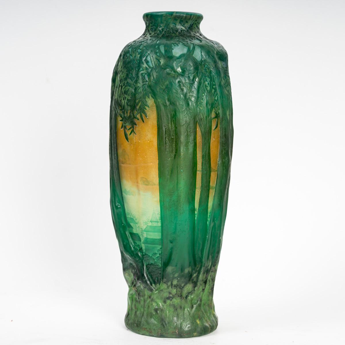 Daum Nancy - Molded Blown Vase Decorated With Trees And Landscape, Art Nouveau For Sale 2