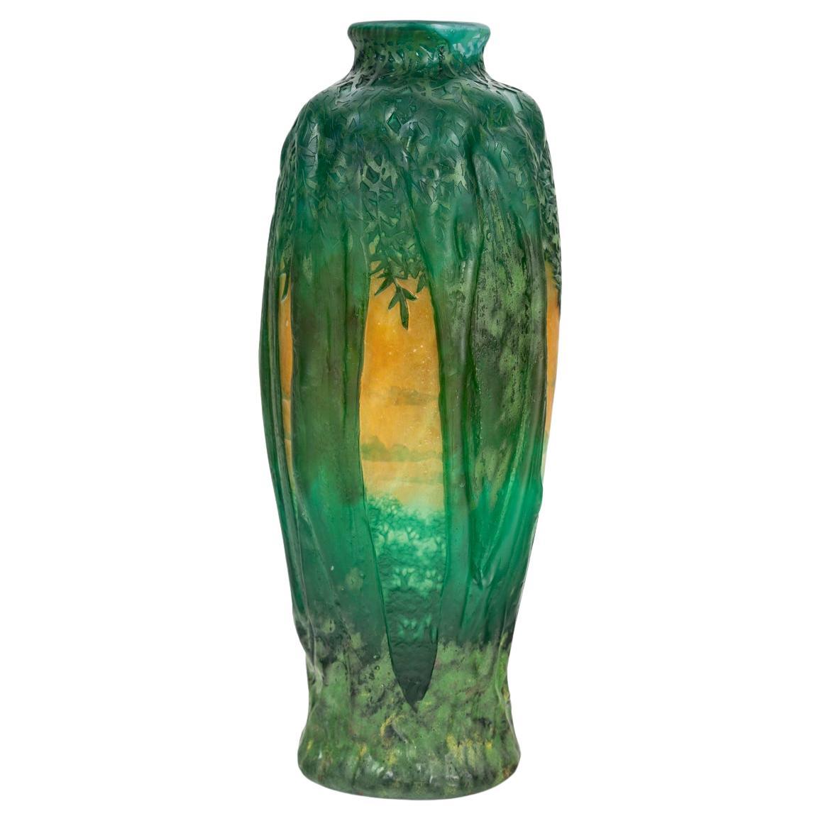 Daum Nancy - Molded Blown Vase Decorated With Trees And Landscape, Art Nouveau For Sale
