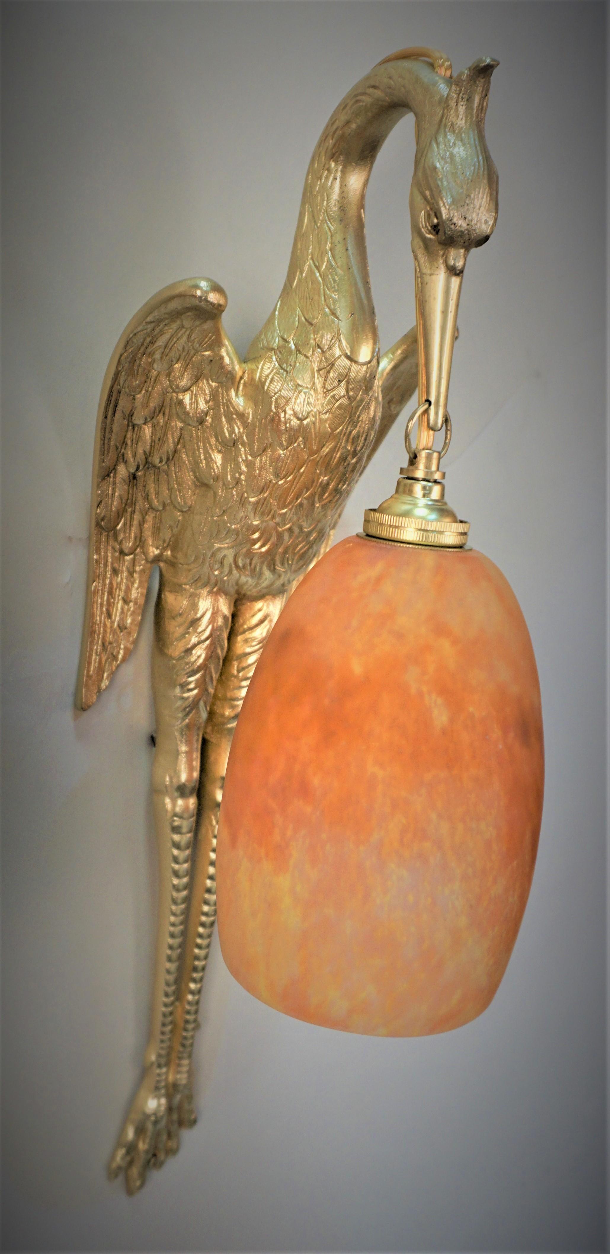 Daum Nancy Pair of Bronze Bird and Art Glass Wall Sconces 5