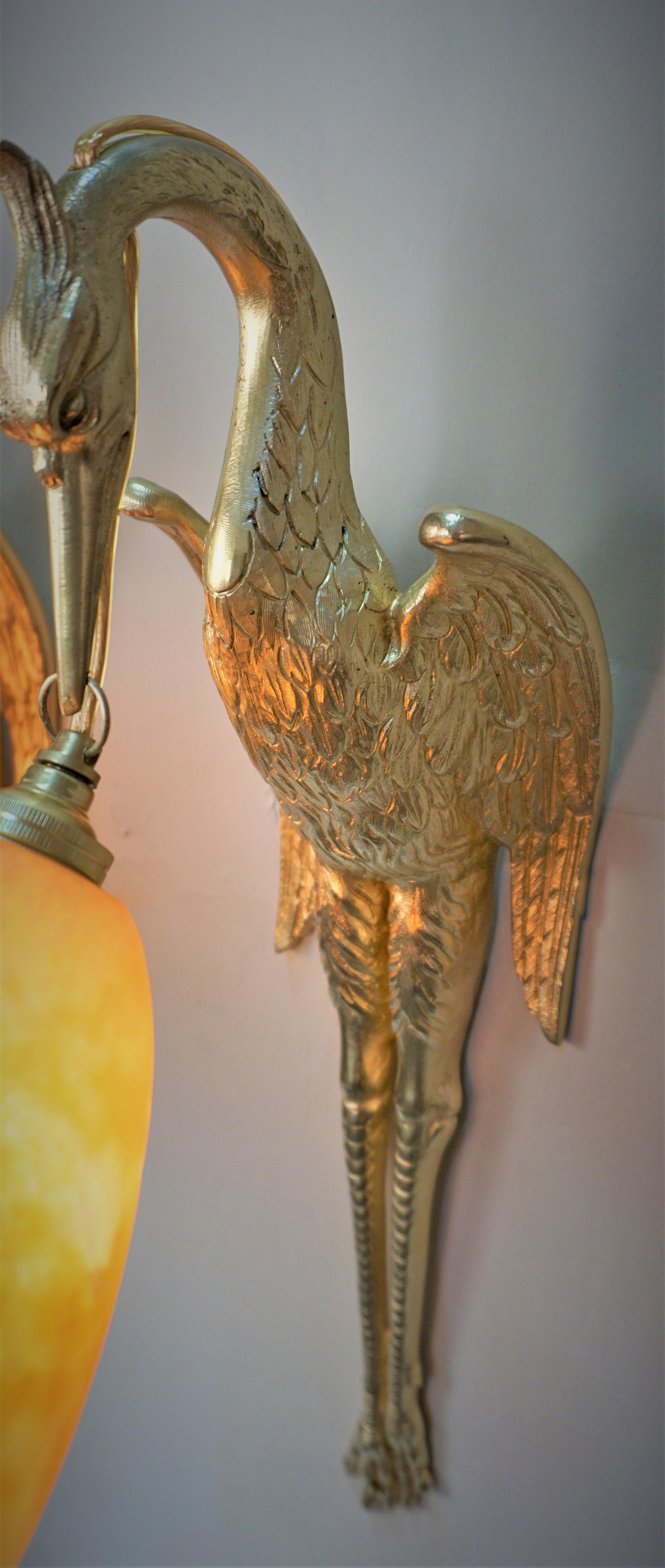 French Daum Nancy Pair of Bronze Bird and Art Glass Wall Sconces