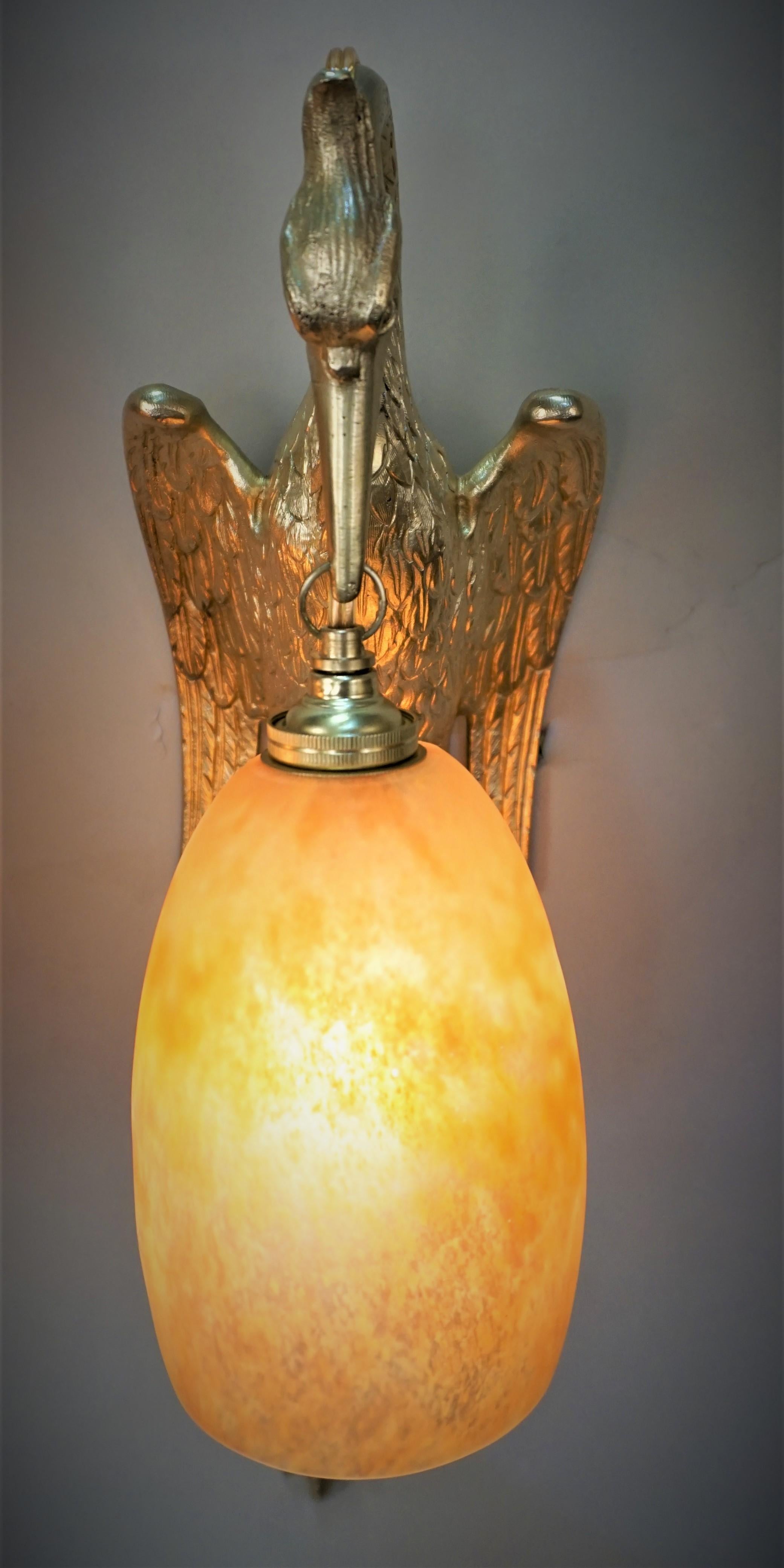 Early 20th Century Daum Nancy Pair of Bronze Bird and Art Glass Wall Sconces
