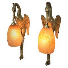 Daum Nancy Pair of Bronze Bird and Art Glass Wall Sconces