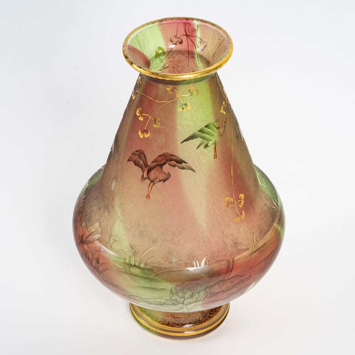 French Daum Nancy - Rare Vase With Herons Or Cranes, Reeds And Water Lilies Art Nouveau For Sale