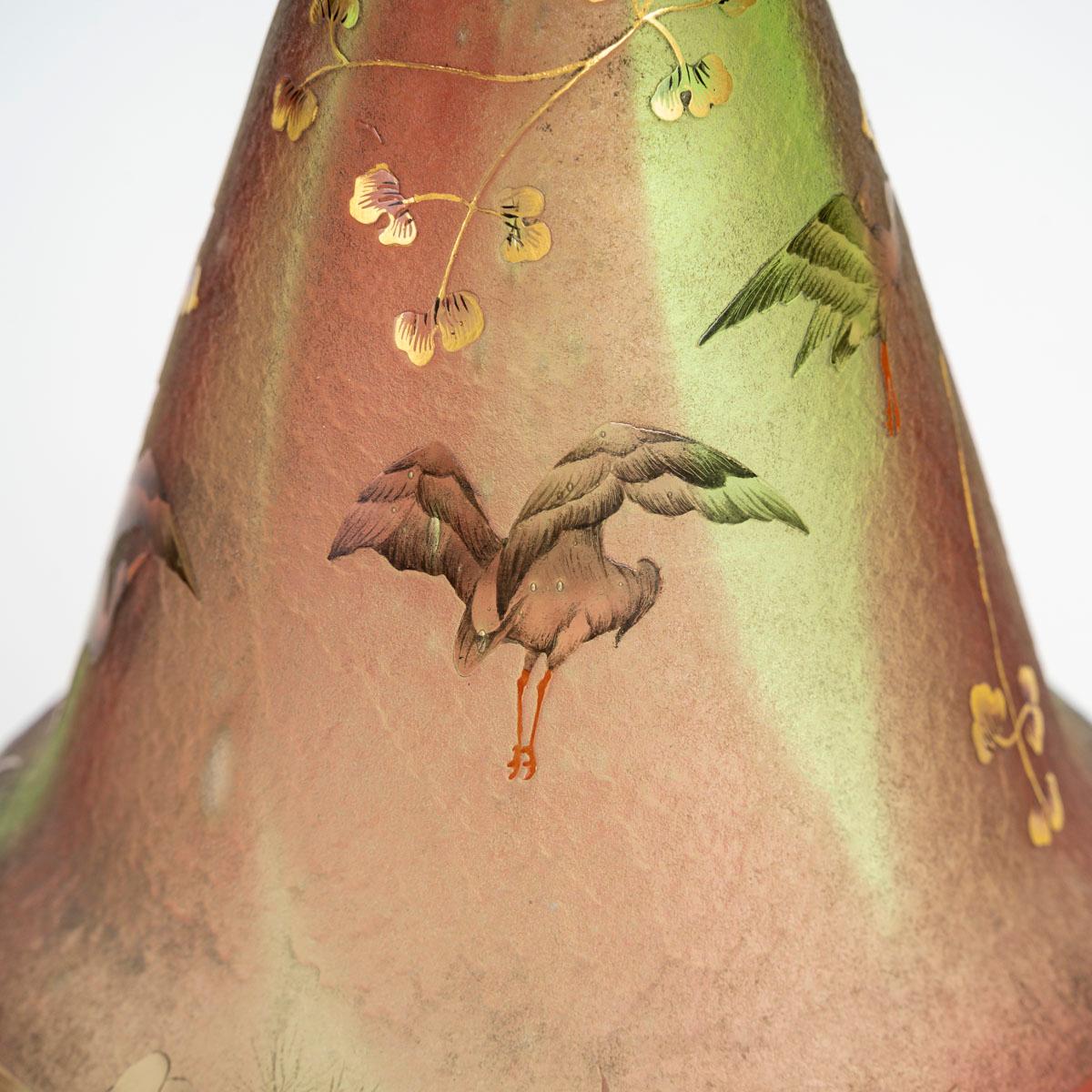 Enameled Daum Nancy - Rare Vase With Herons Or Cranes, Reeds And Water Lilies Art Nouveau For Sale
