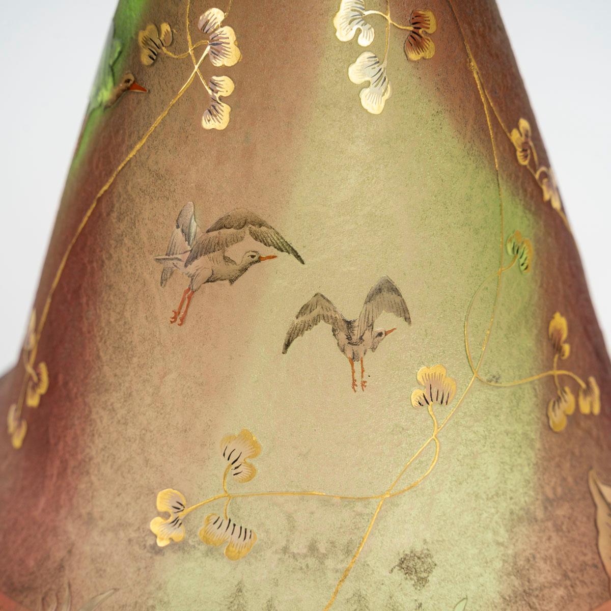 20th Century Daum Nancy - Rare Vase With Herons Or Cranes, Reeds And Water Lilies Art Nouveau For Sale