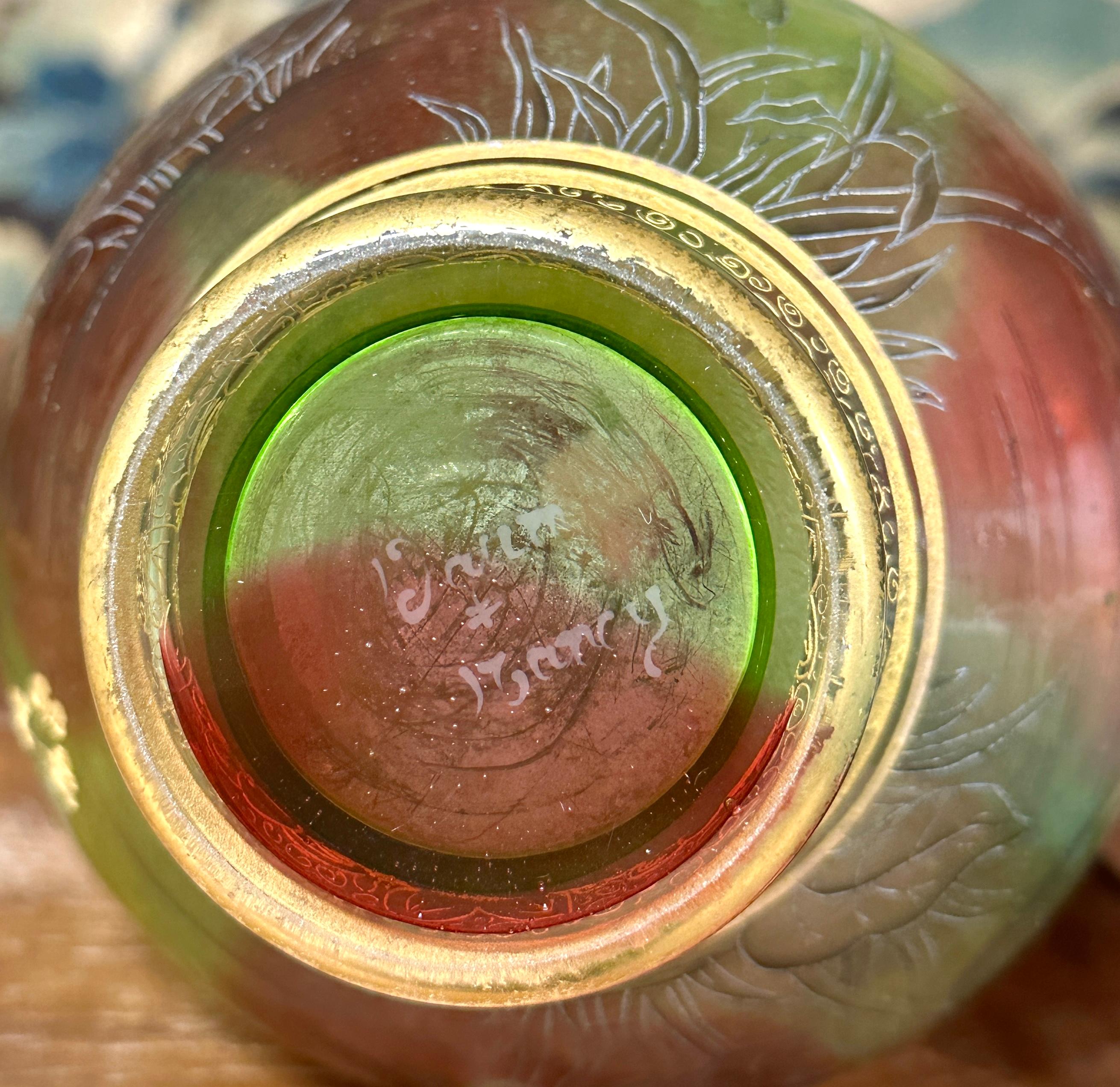 20th Century Daum Nancy - Rare Vase With Herons Or Cranes, Reeds And Water Lilies Art Nouveau For Sale