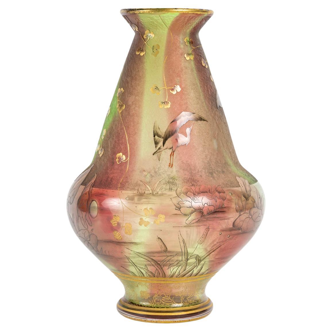 Daum Nancy - Rare Vase With Herons Or Cranes, Reeds And Water Lilies Art Nouveau For Sale