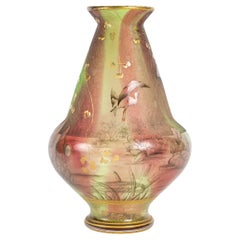 Antique Daum Nancy - Rare Vase With Herons Or Cranes, Reeds And Water Lilies Art Nouveau