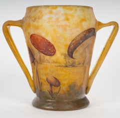 Daum Nancy - Rare Vase With Mushroom Decor In Enameled Glass, Art Nouveau