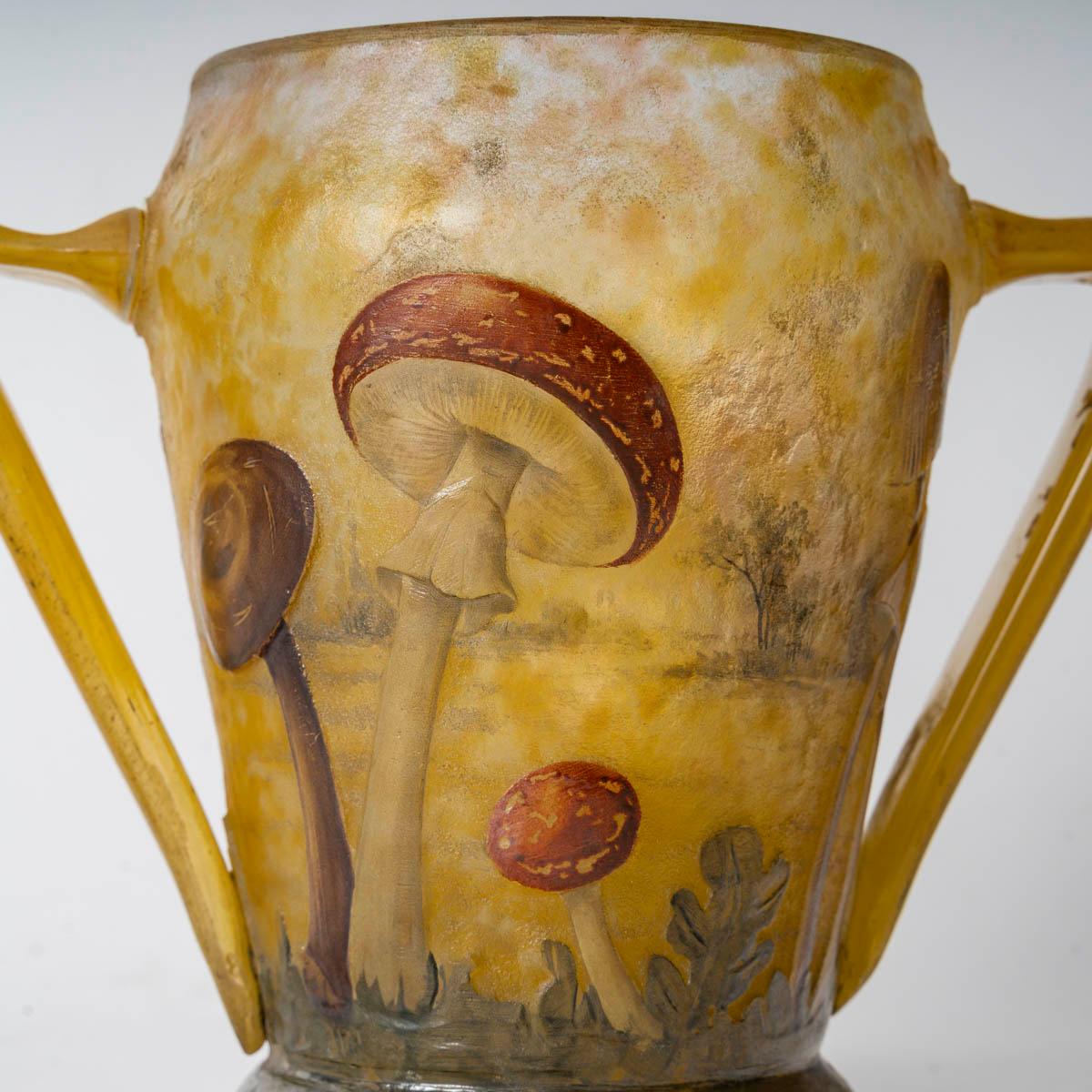 French Daum Nancy - Rare Vase With Mushroom Decor In Enameled Glass, Art Nouveau For Sale