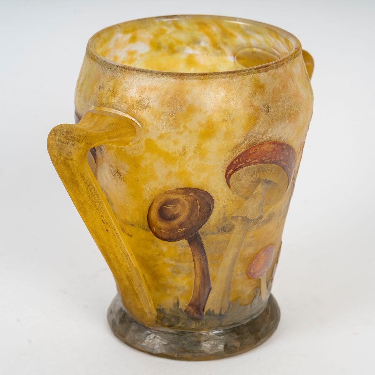 20th Century Daum Nancy - Rare Vase With Mushroom Decor In Enameled Glass, Art Nouveau For Sale