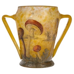 Antique Daum Nancy - Rare Vase With Mushroom Decor In Enameled Glass, Art Nouveau