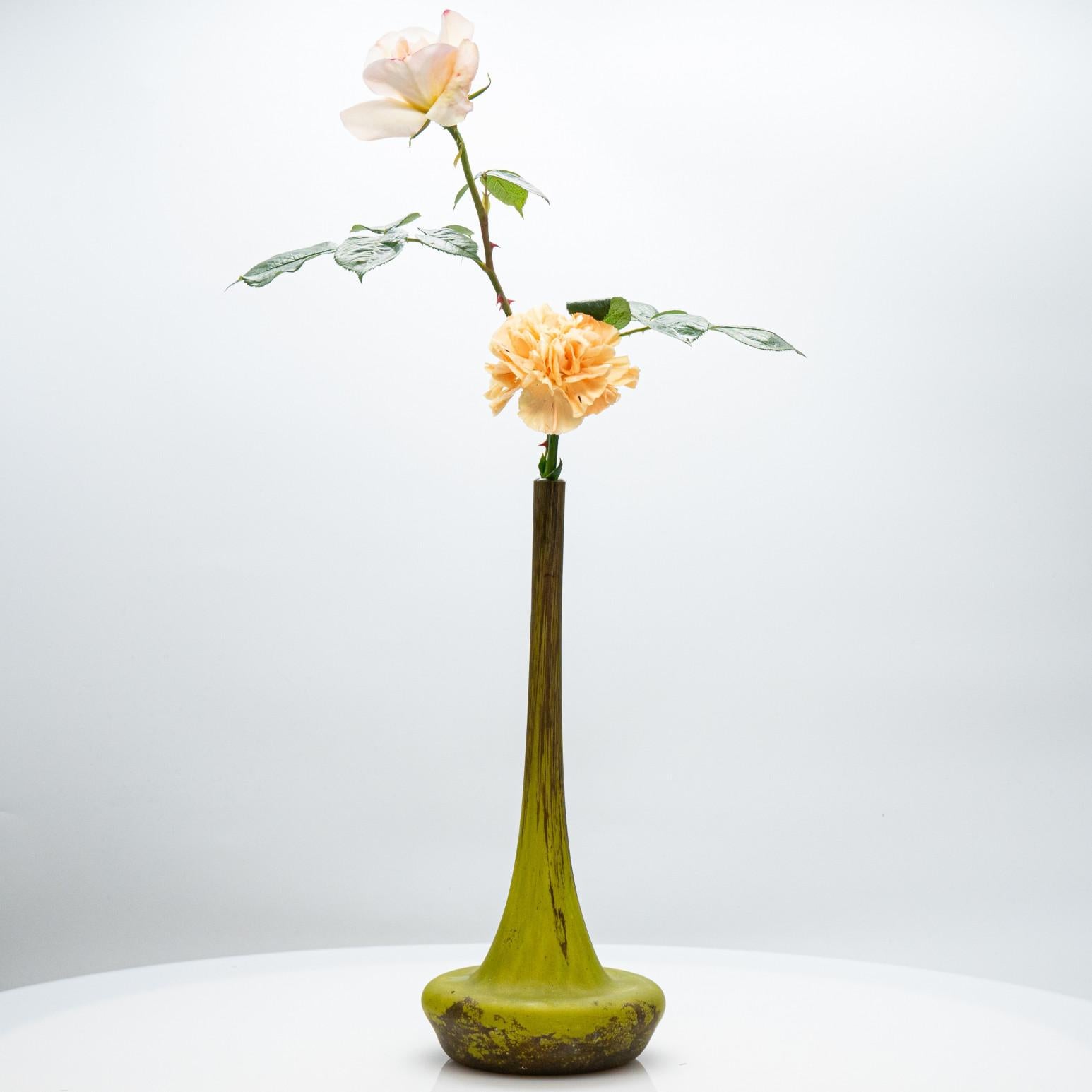 Vetro Vaso Soliflores firmato Daum Nancy, inciso all'acido in verde oliva e marrone, Francia, 1905 in vendita