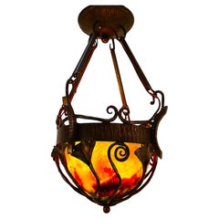 Daum Nancy Style Blown Glass and Iron Pendent Chandelier