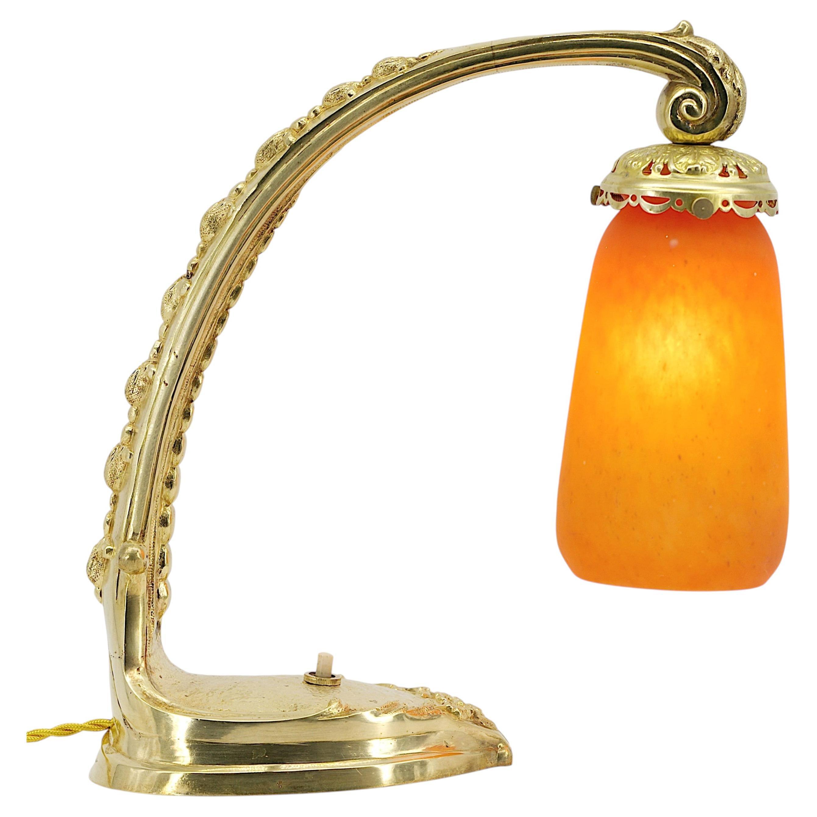 Daum Nancy Table Lamp, Art Nouveau Glass & Bronze, France Circa 1915 For Sale
