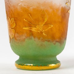 Daum Nancy, Vase Acid Etched Glass Flowers and Butterfly