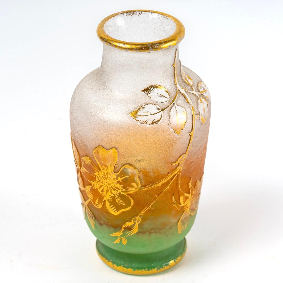 Art Deco Daum Nancy, Vase Acid Etched Glass Flowers and Butterfly
