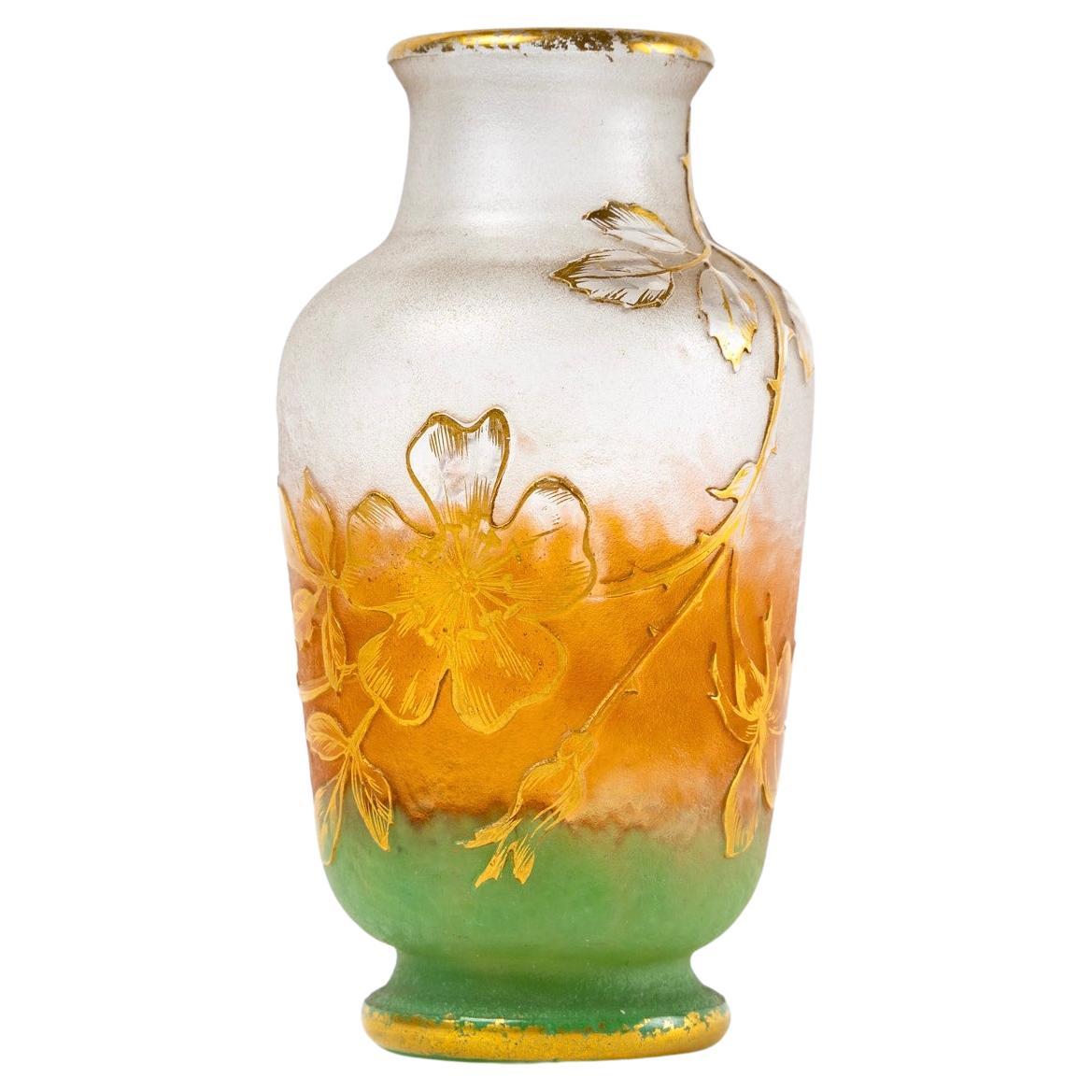 Daum Nancy, Vase Acid Etched Glass Flowers and Butterfly