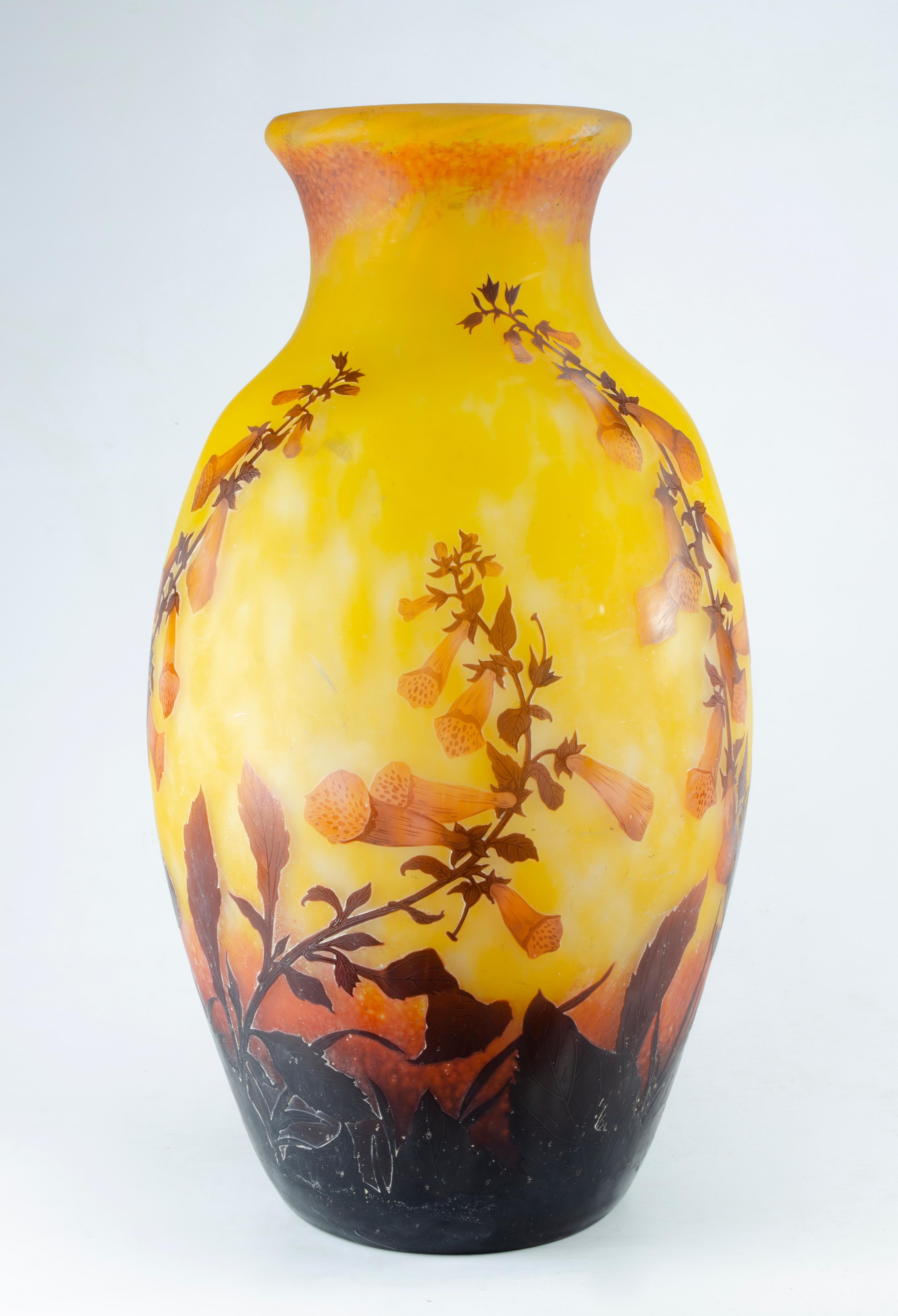 Daum Nancy vase 
Digitalis, Circa 1915
Perfect condition
Size: 54 cm
Monumental.

Glassware marked Daum Nancy is attributed to Auguste and Antonin Daum. These brothers took over a glass factory owned by their father Jean Daum located in Nancy,