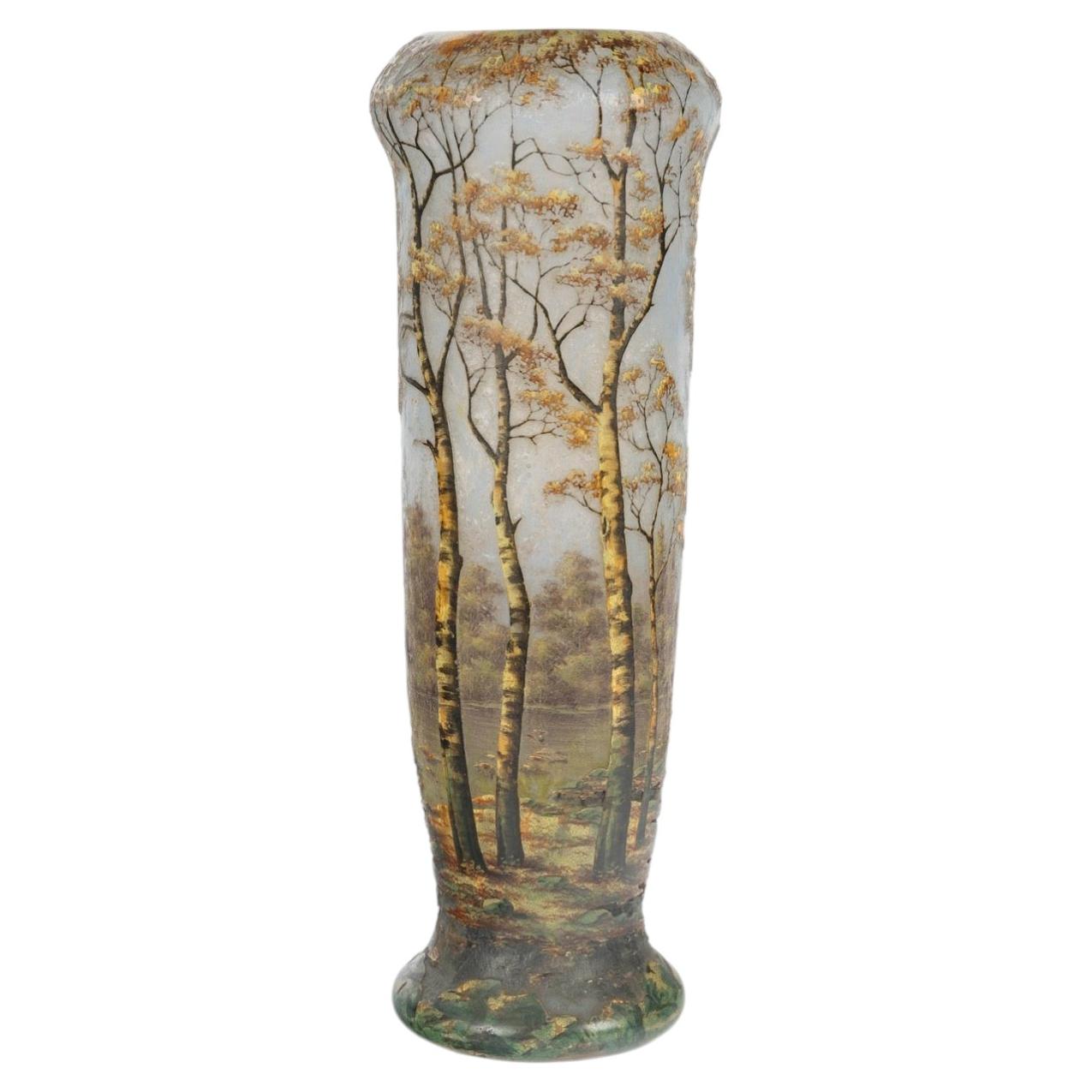 DAUM, Nancy. Vase with wooded lakeside landscape decoration