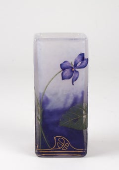 Daum, Nancy ‘Violets’ Cameo & Enameled Square Section Vase