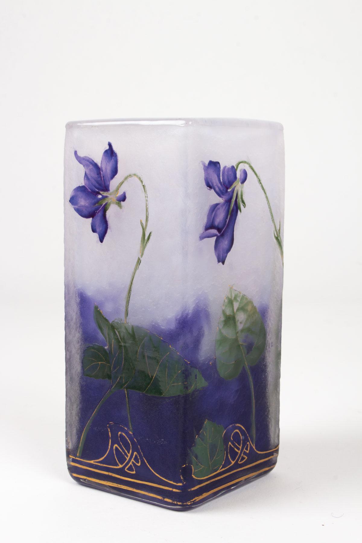 Early 20th Century Daum, Nancy ‘Violets’ Cameo & Enameled Square Section Vase