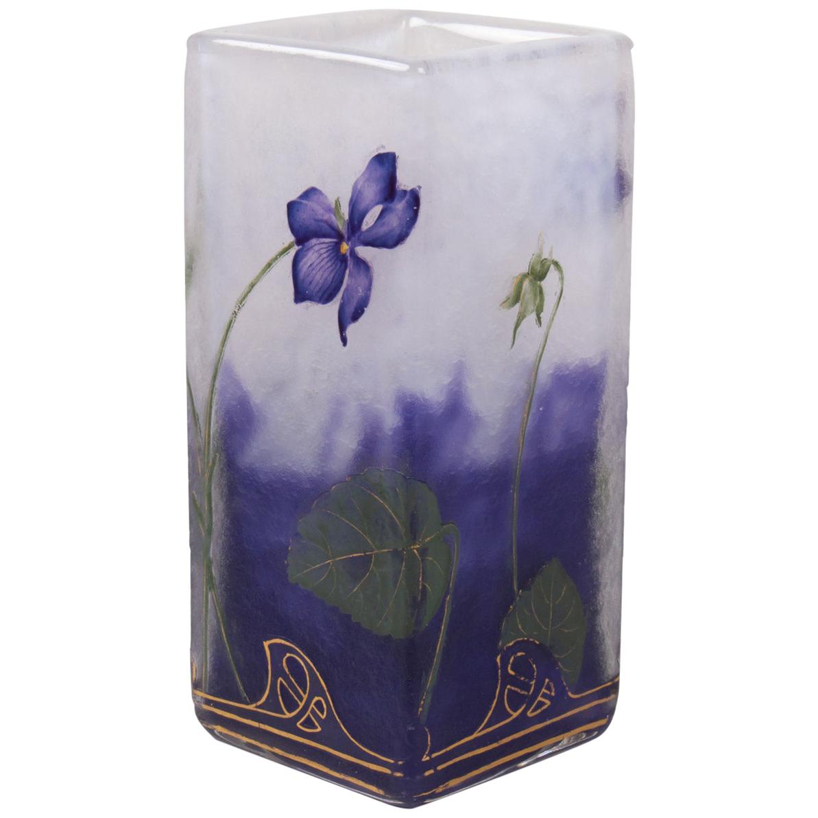 Daum, Nancy ‘Violets’ Cameo & Enameled Square Section Vase