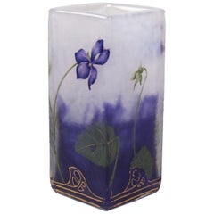 Daum, Nancy ‘Violets’ Cameo & Enameled Square Section Vase