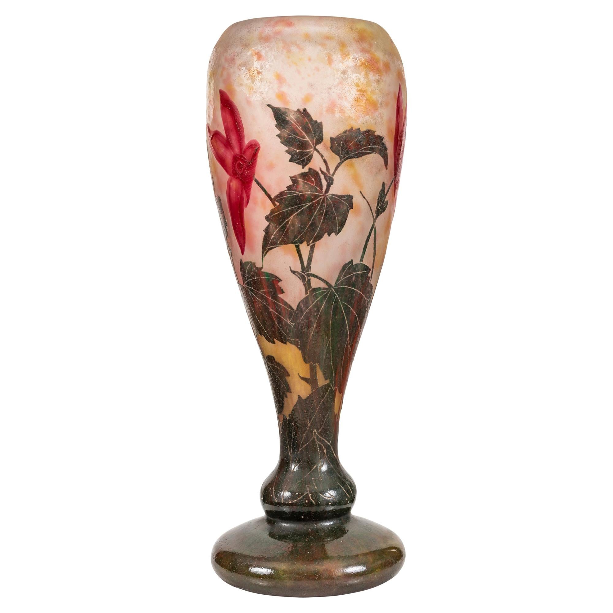 Daum Nancy Wheel-Carved and Enamel Internally Decorated Vitrified Glass Vase For Sale