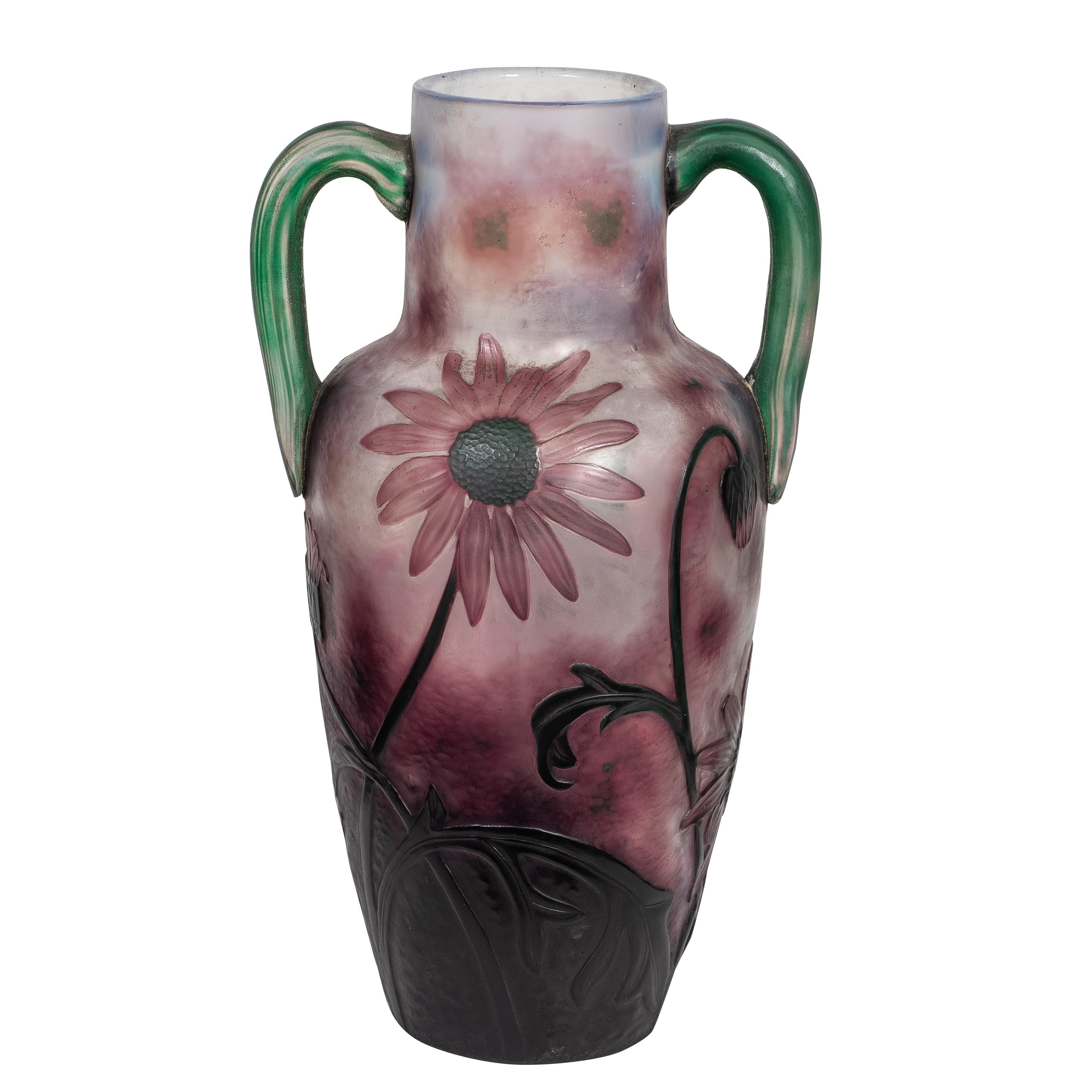Early 20th Century Daum Nancy Wheel-Carved Cameo and Martele Glass Two-Handled Vase For Sale