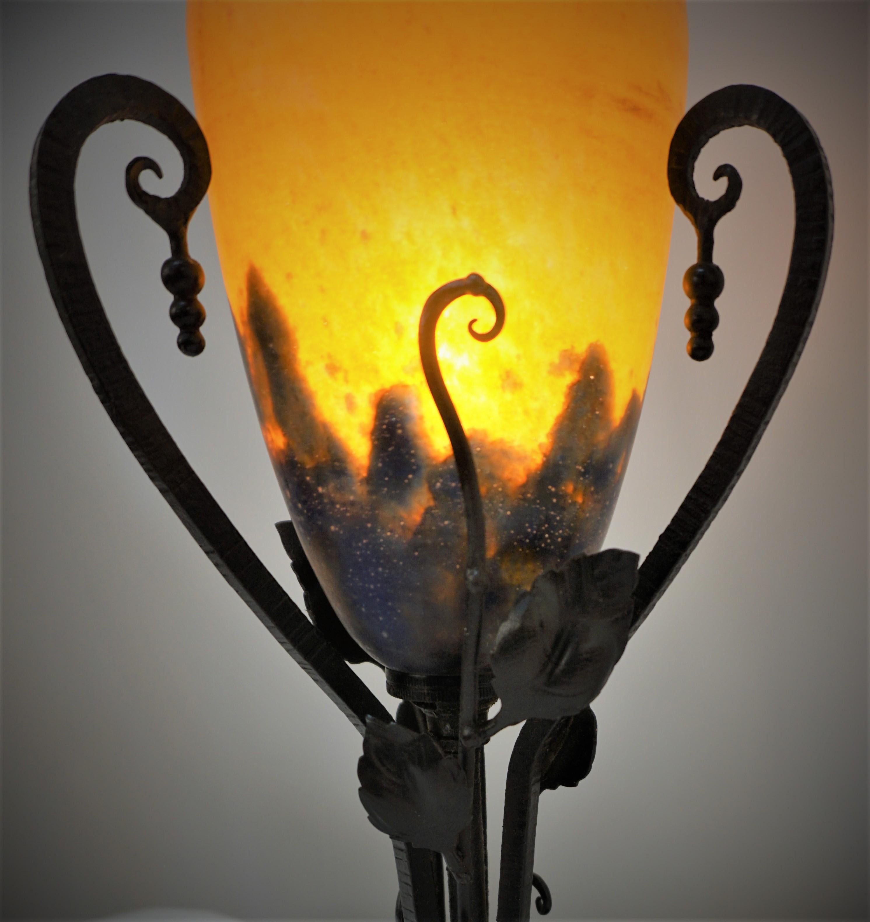 Daum Nancy Wrought Iron Art Deco Table Lamp In Good Condition In Fairfax, VA
