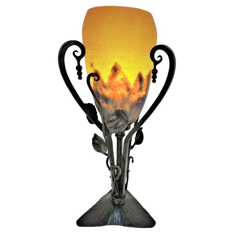 Daum Nancy Wrought Iron Art Deco Table Lamp For Sale at 1stDibs