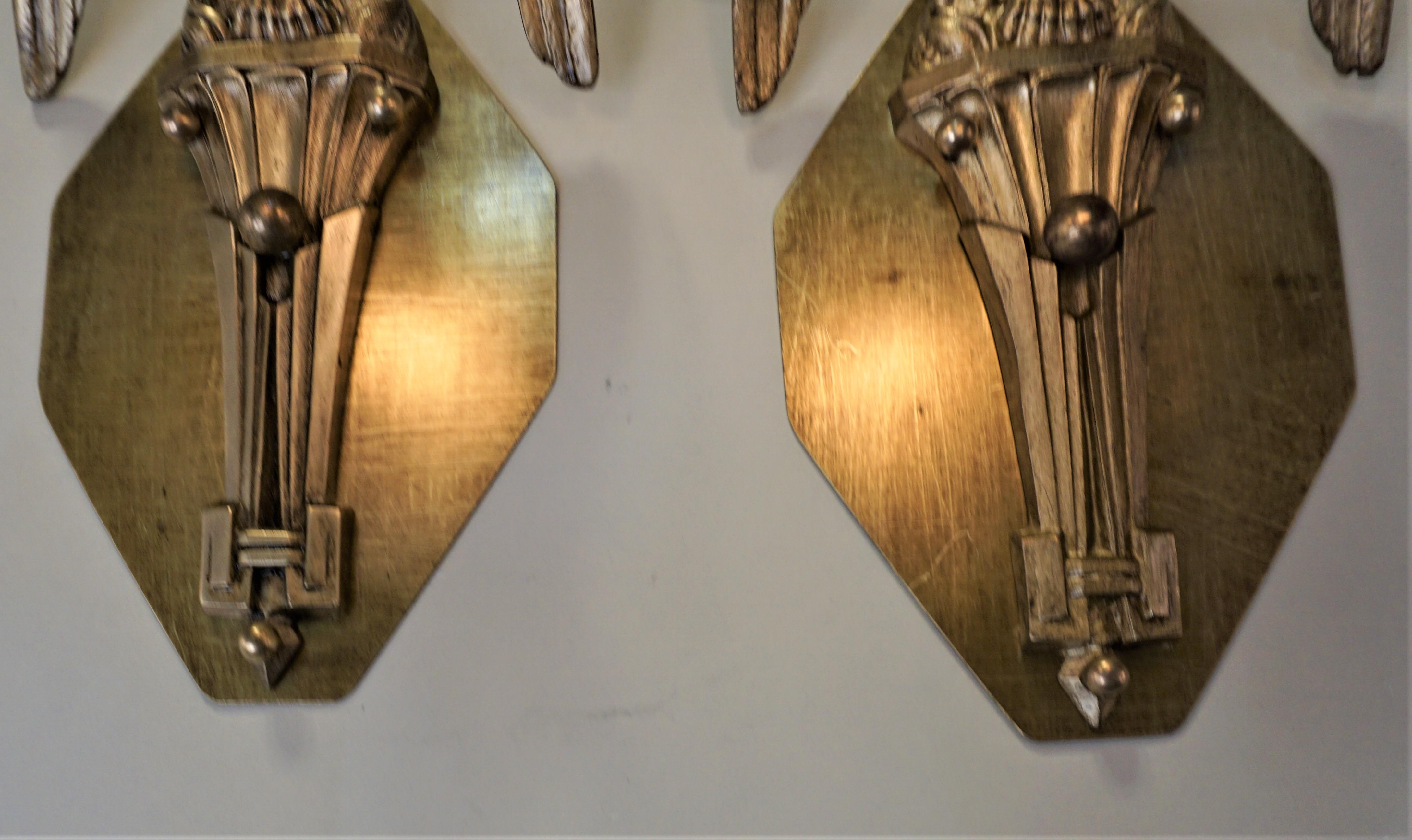 Daum Pair of Bronze Bird with Acid Texture Glass Shade Wall Sconces In Good Condition In Fairfax, VA