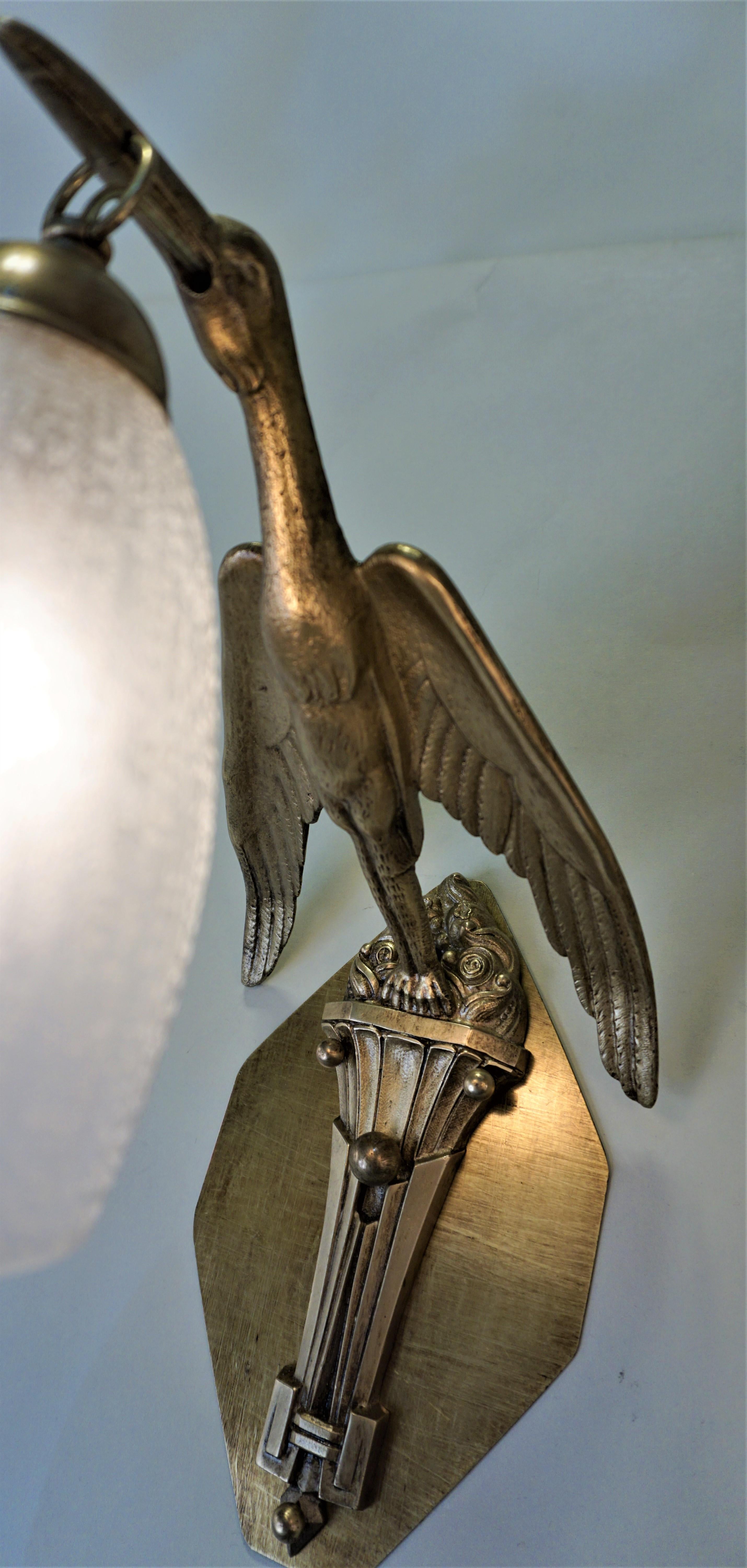 Early 20th Century Daum Pair of Bronze Bird with Acid Texture Glass Shade Wall Sconces