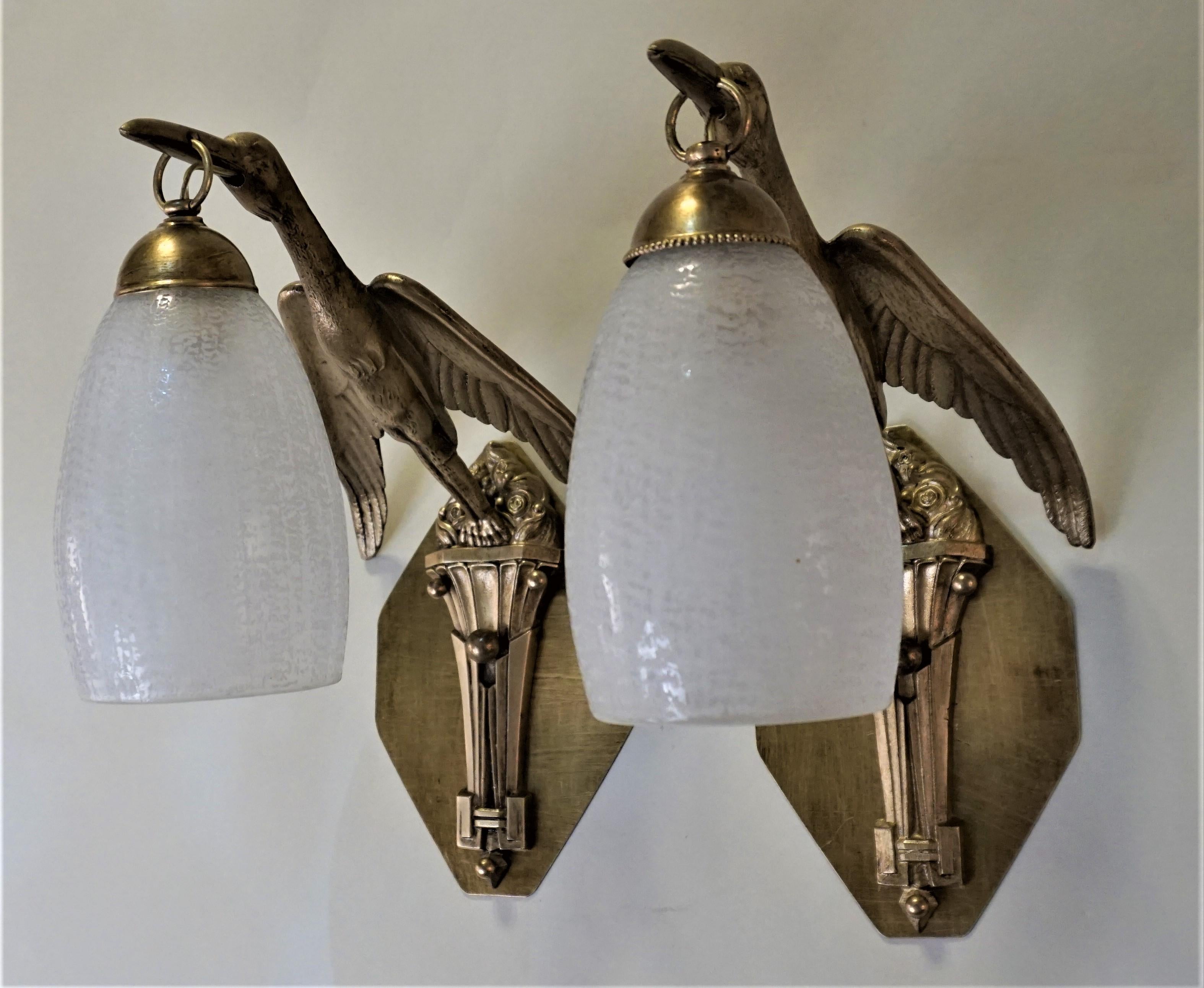 Daum Pair of Bronze Bird with Acid Texture Glass Shade Wall Sconces 1