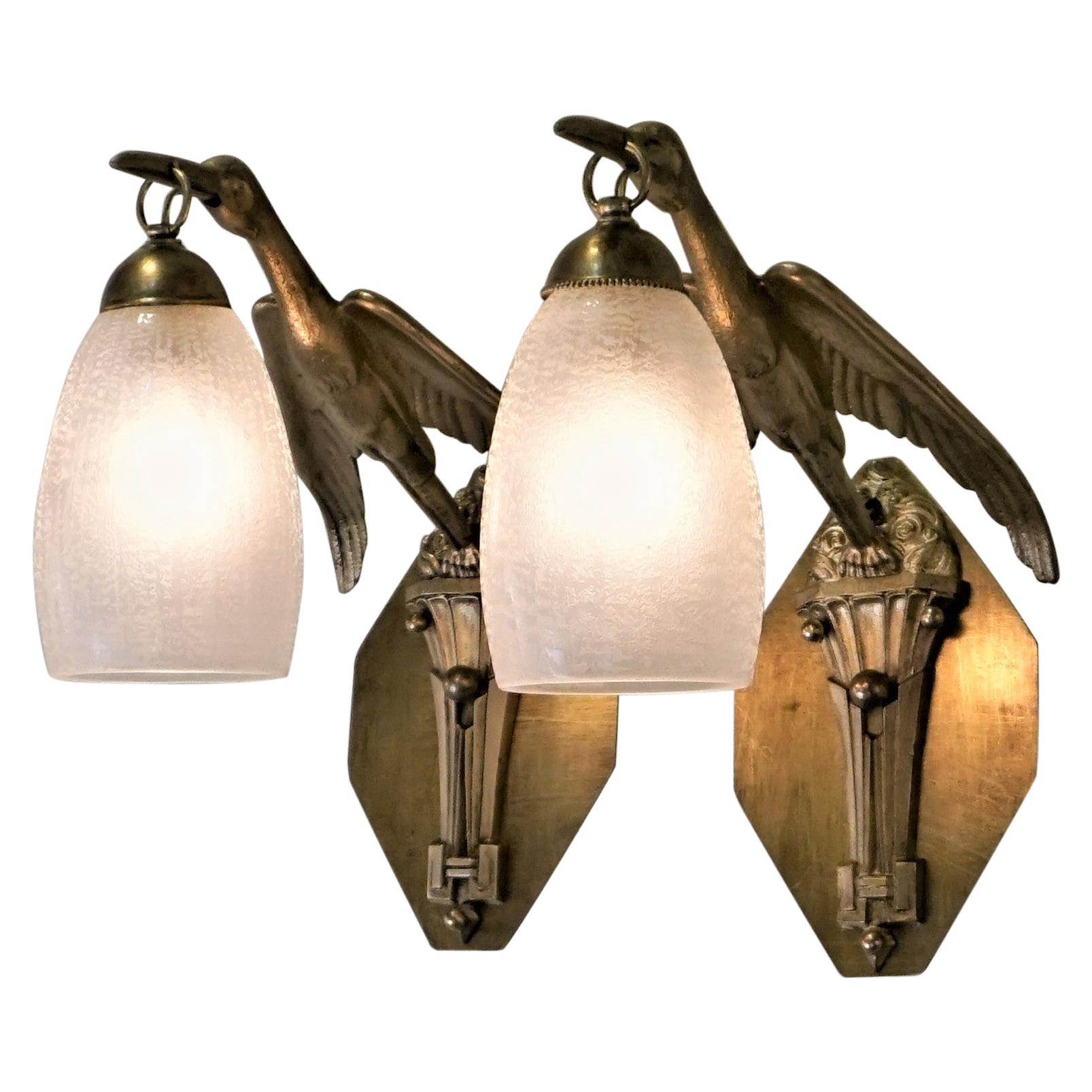 Daum Pair of Bronze Bird with Acid Texture Glass Shade Wall Sconces