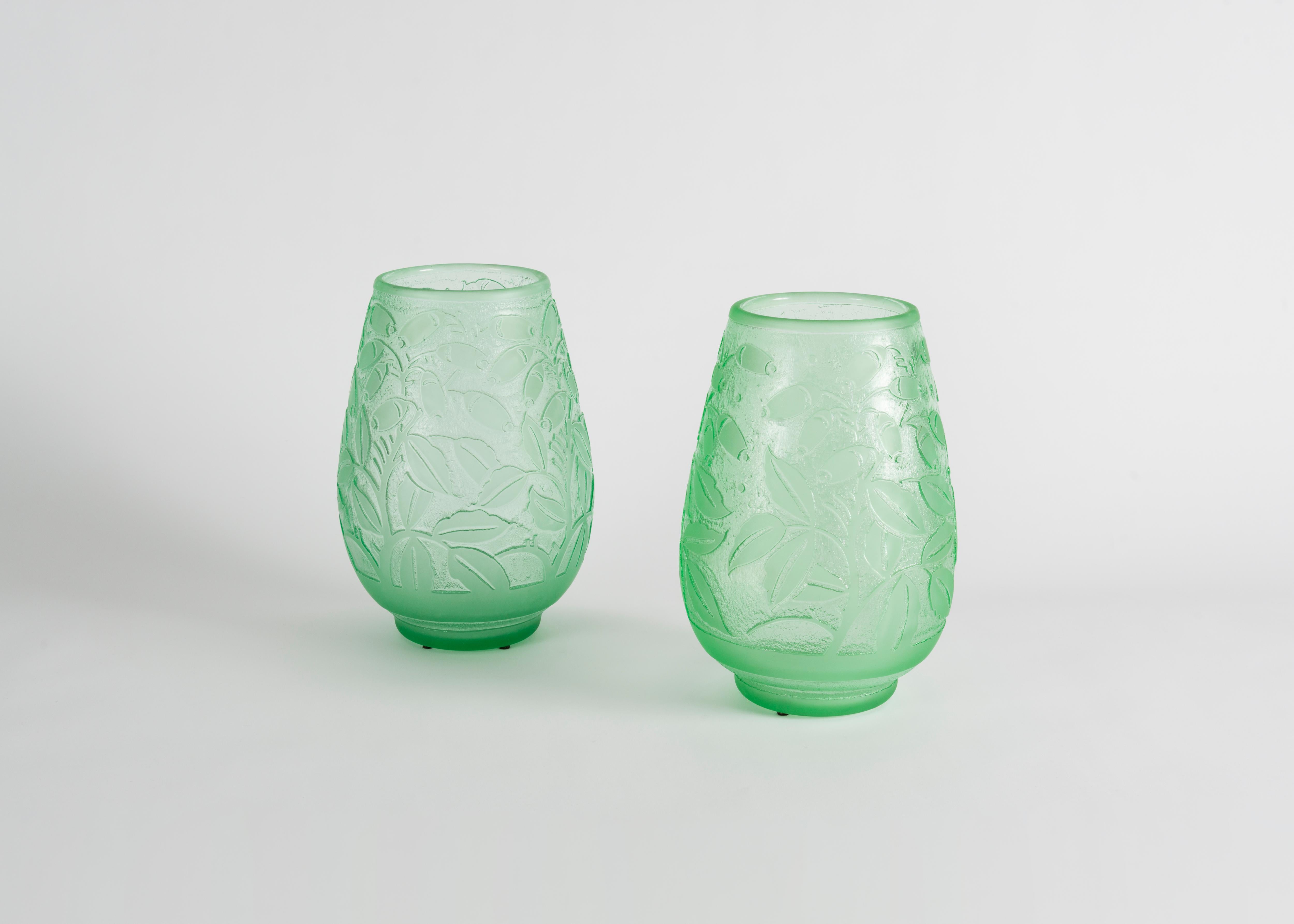 Etched Daum, Incised Art Deco Glass Vases, France, Early 20th Century