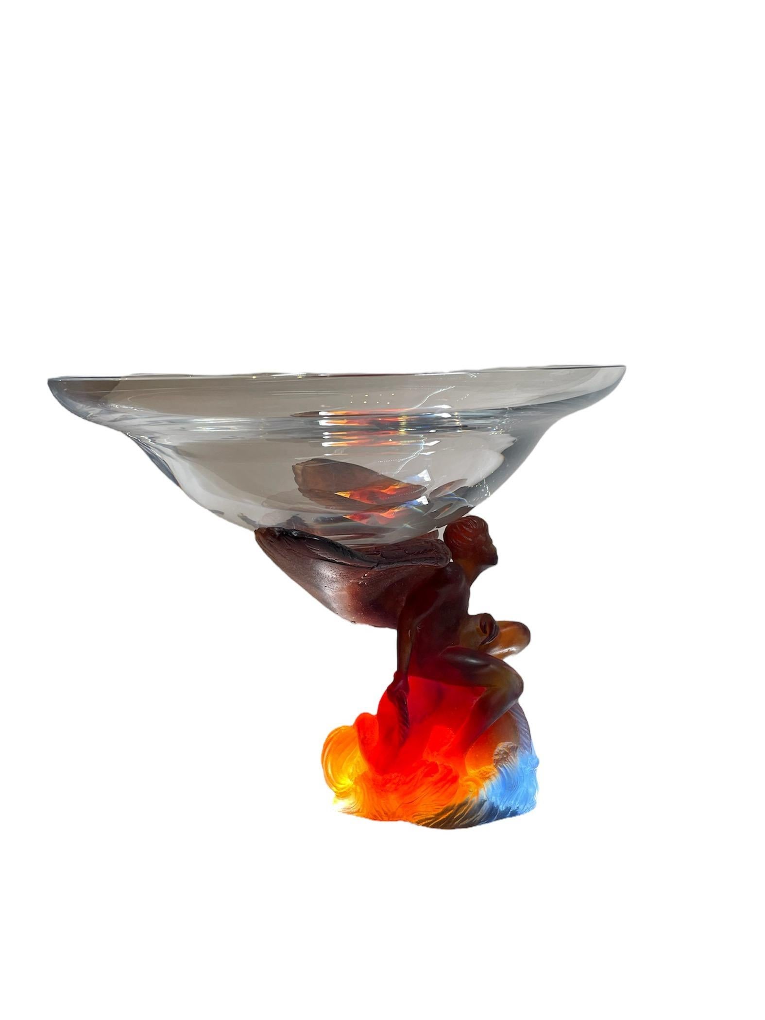 Molded Daum Pate de Verre Crystal Angel Sculpture Compote/Bowl For Sale
