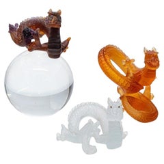 Daum Pâte de Verre Set Dragons, Honey Brown Opalescent, France, 1990