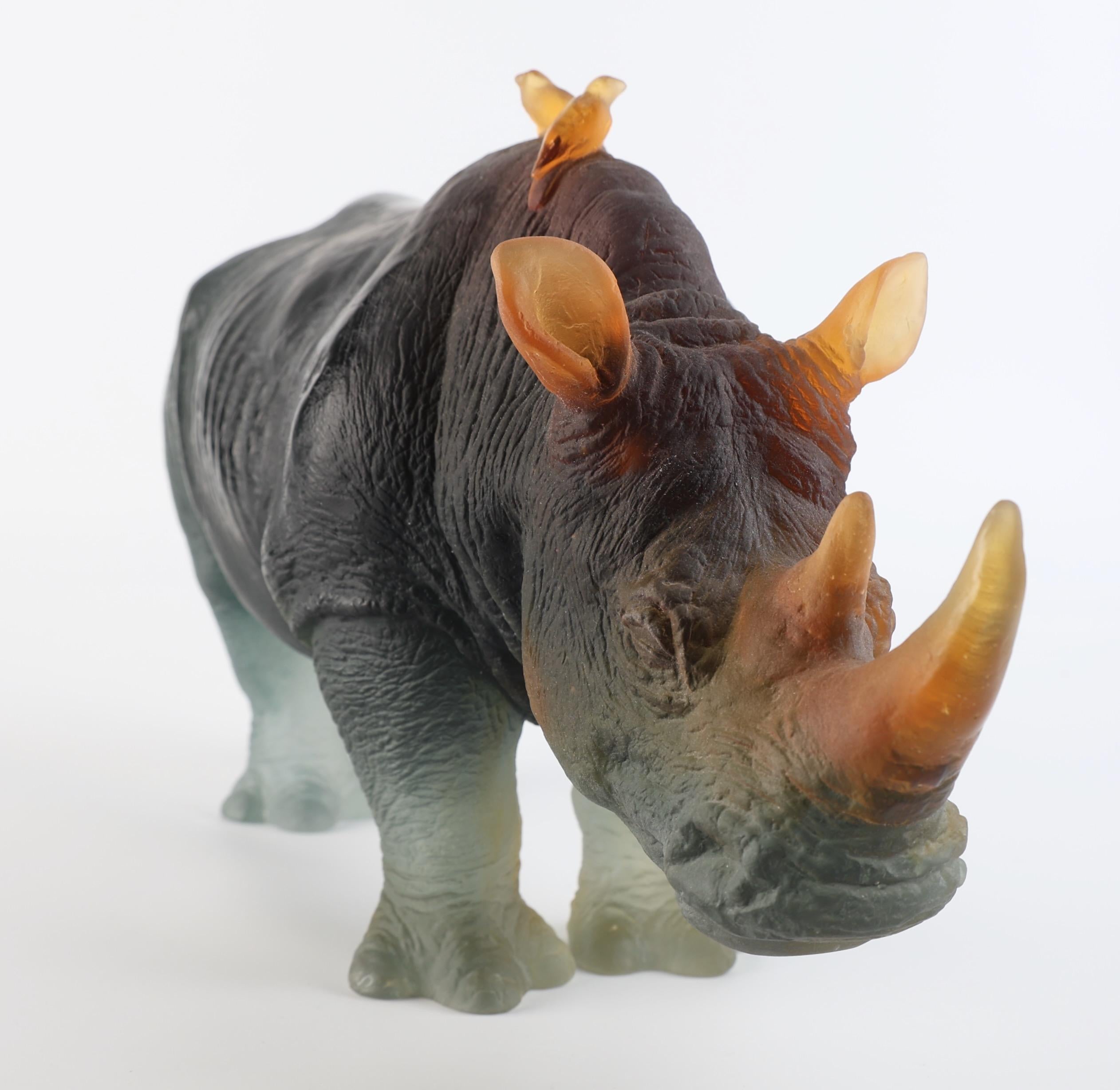 Glass Daum Rhinoceros in Amber and Grey by Jean-Francois Leroy, Ltd. Edition 0025/1000 For Sale