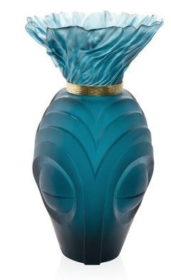 Daum Nancy Vase Origin African Mask Art Deco Lines Crystal Paste Ocean Blue