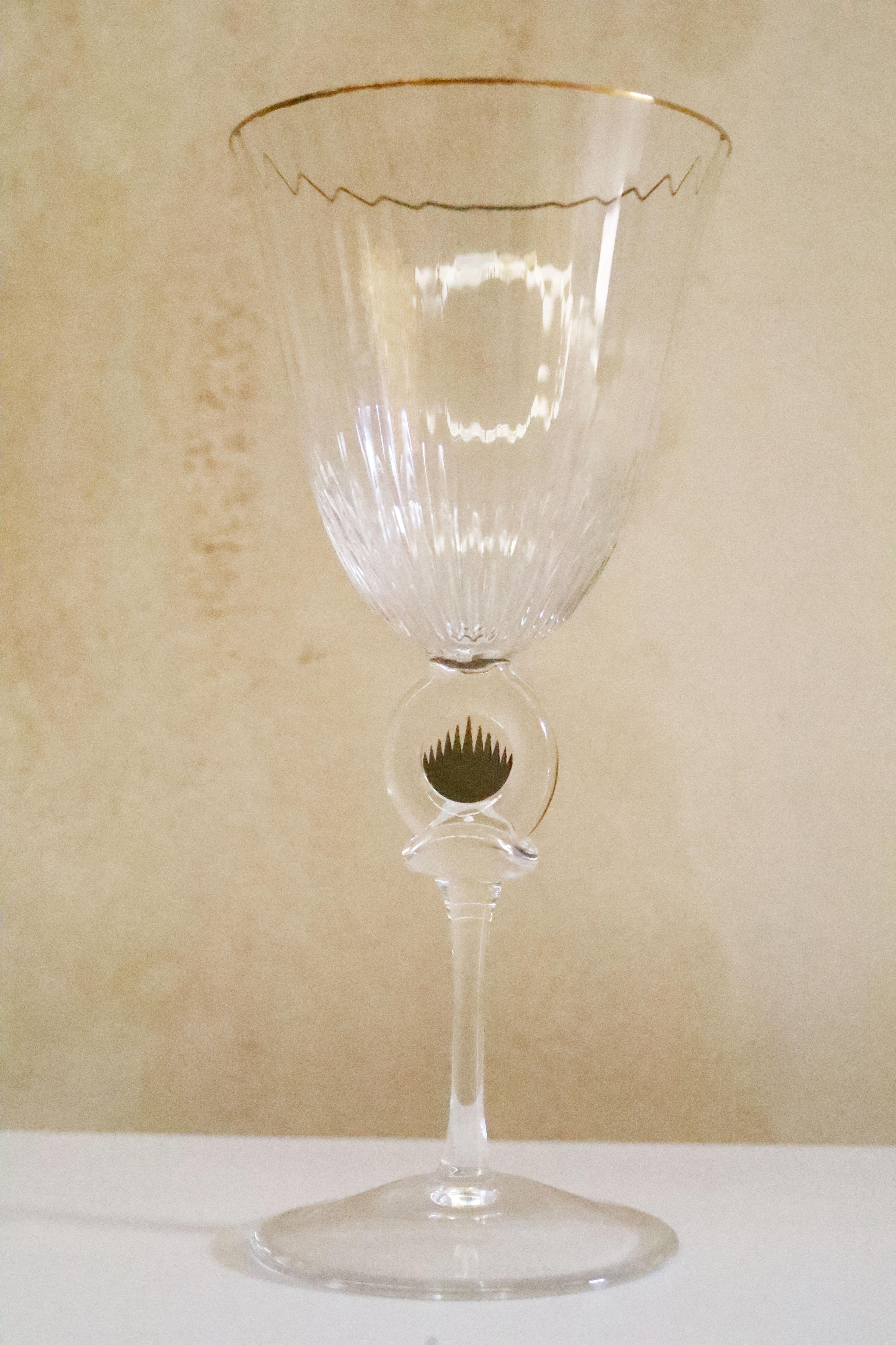 French Daum Set of 6 Crystal Wine Glasses with Gold Edges For Sale