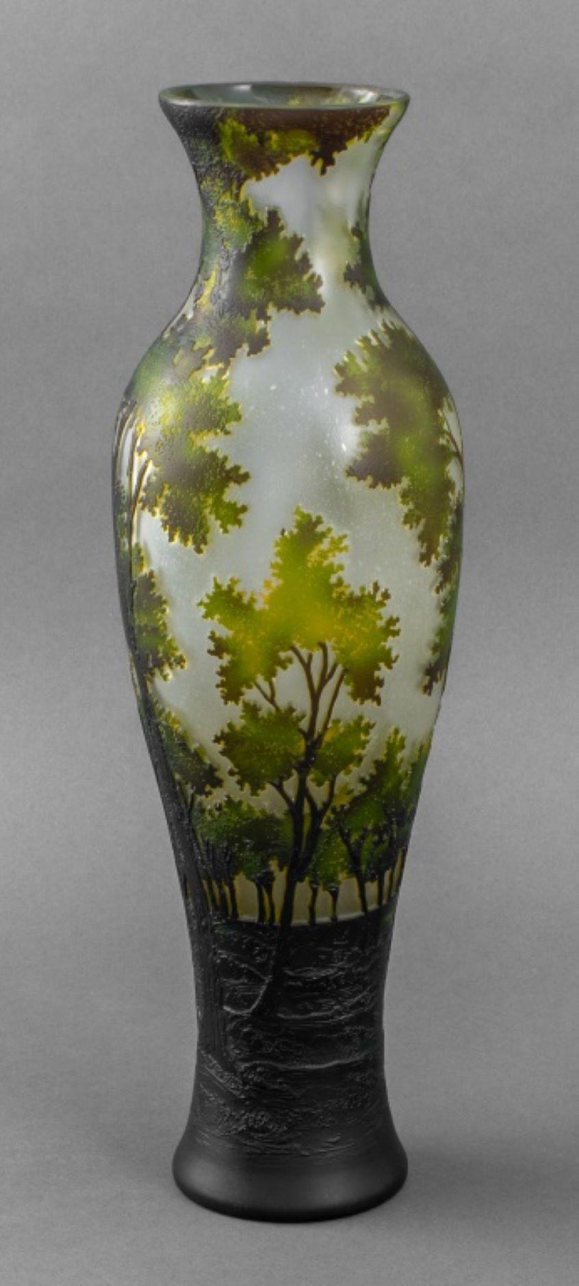 Daum Style Cameo Glass Vase, green forest landscape on clear ground, marked 