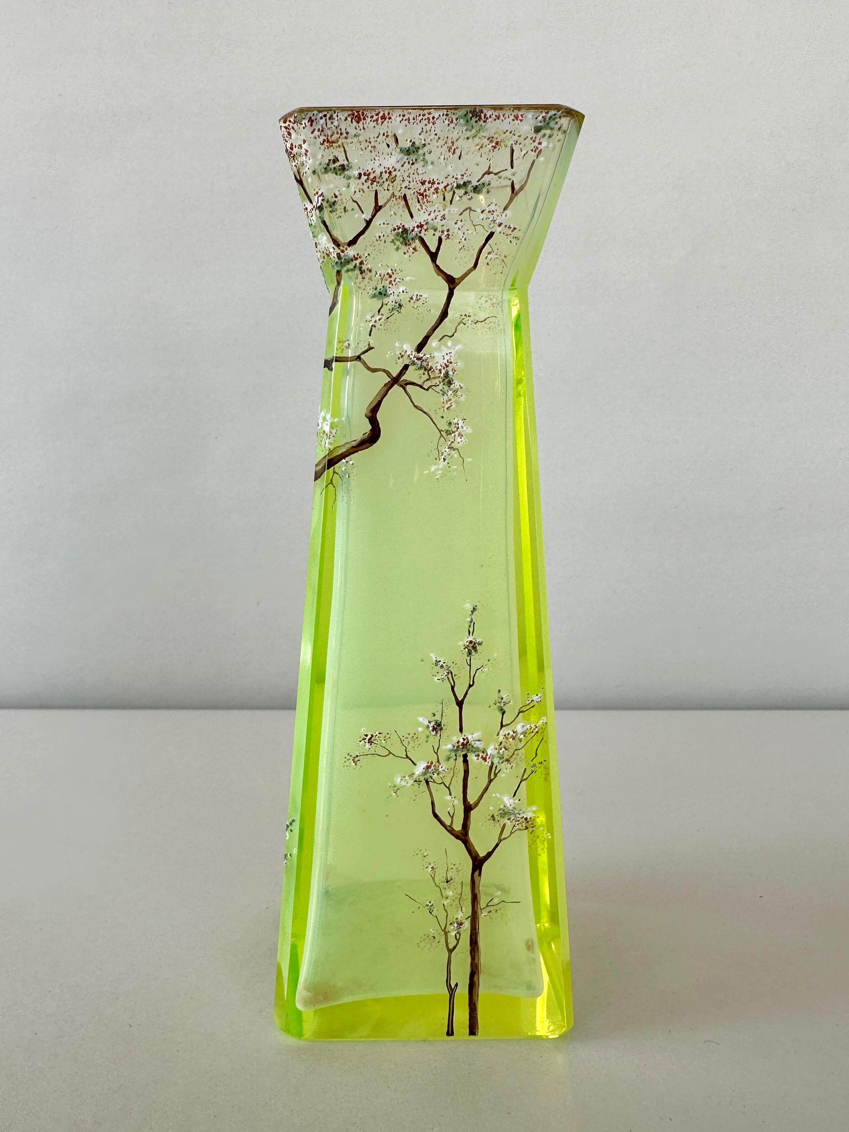 Daum-Style Cherry Tree Motif Hand-Painted Vaseline Glass Vase, circa 1900 2