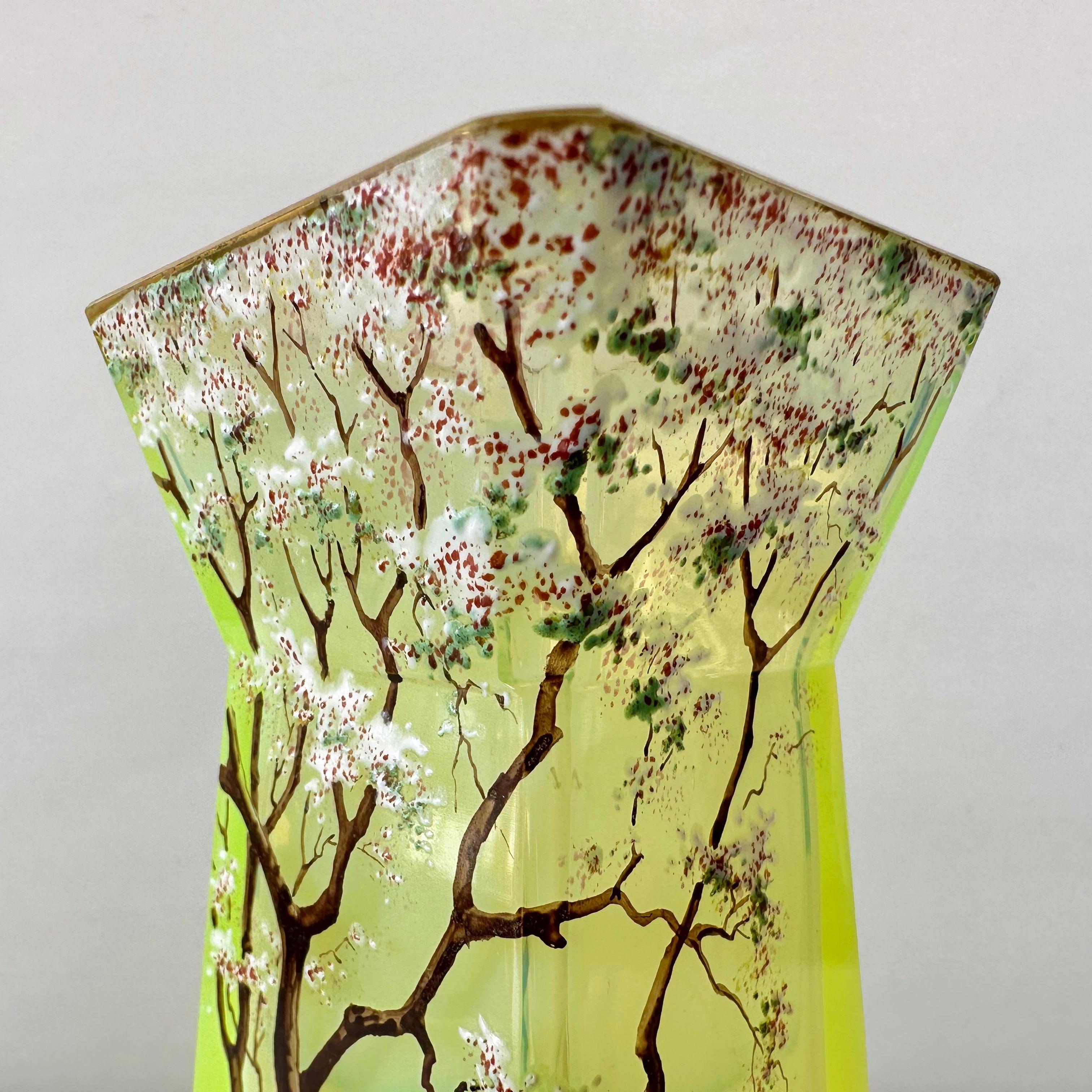 Daum-Style Cherry Tree Motif Hand-Painted Vaseline Glass Vase, circa 1900 6