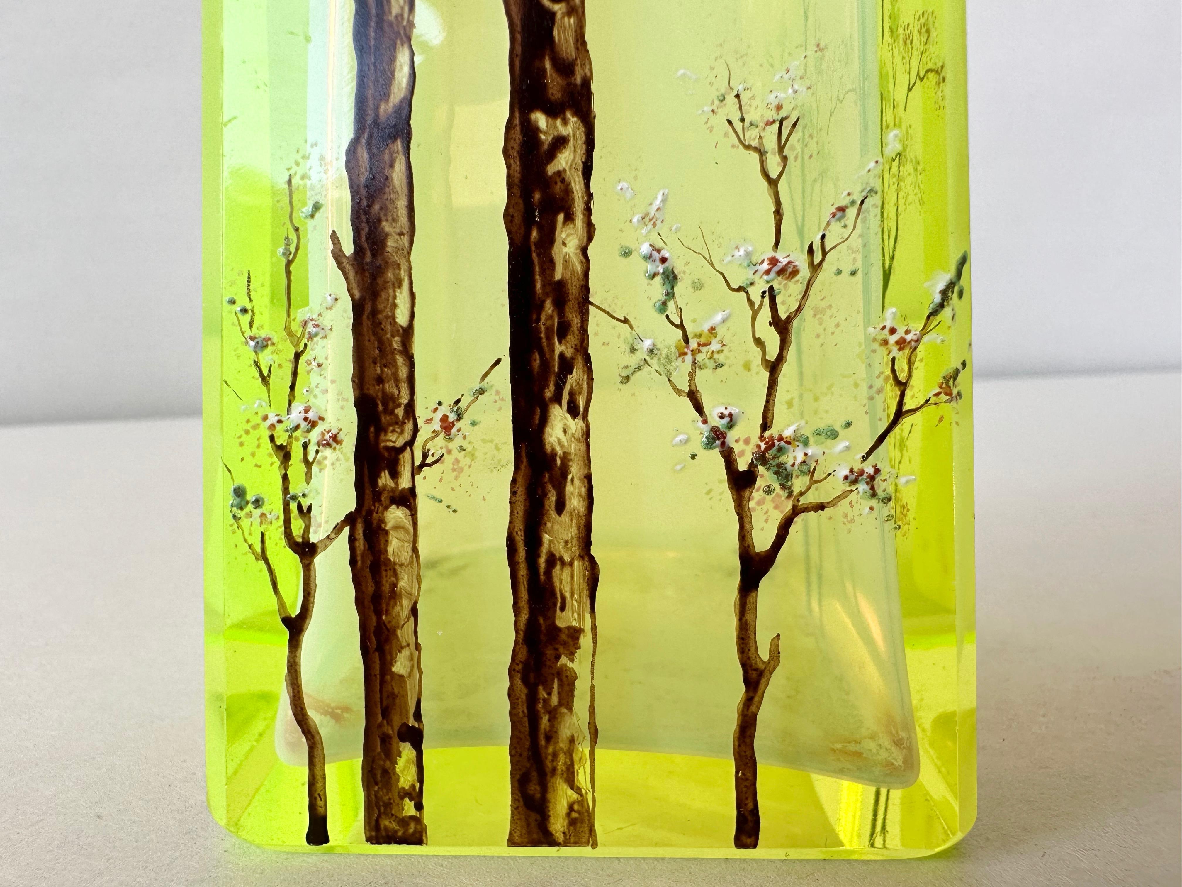 Daum-Style Cherry Tree Motif Hand-Painted Vaseline Glass Vase, circa 1900 7