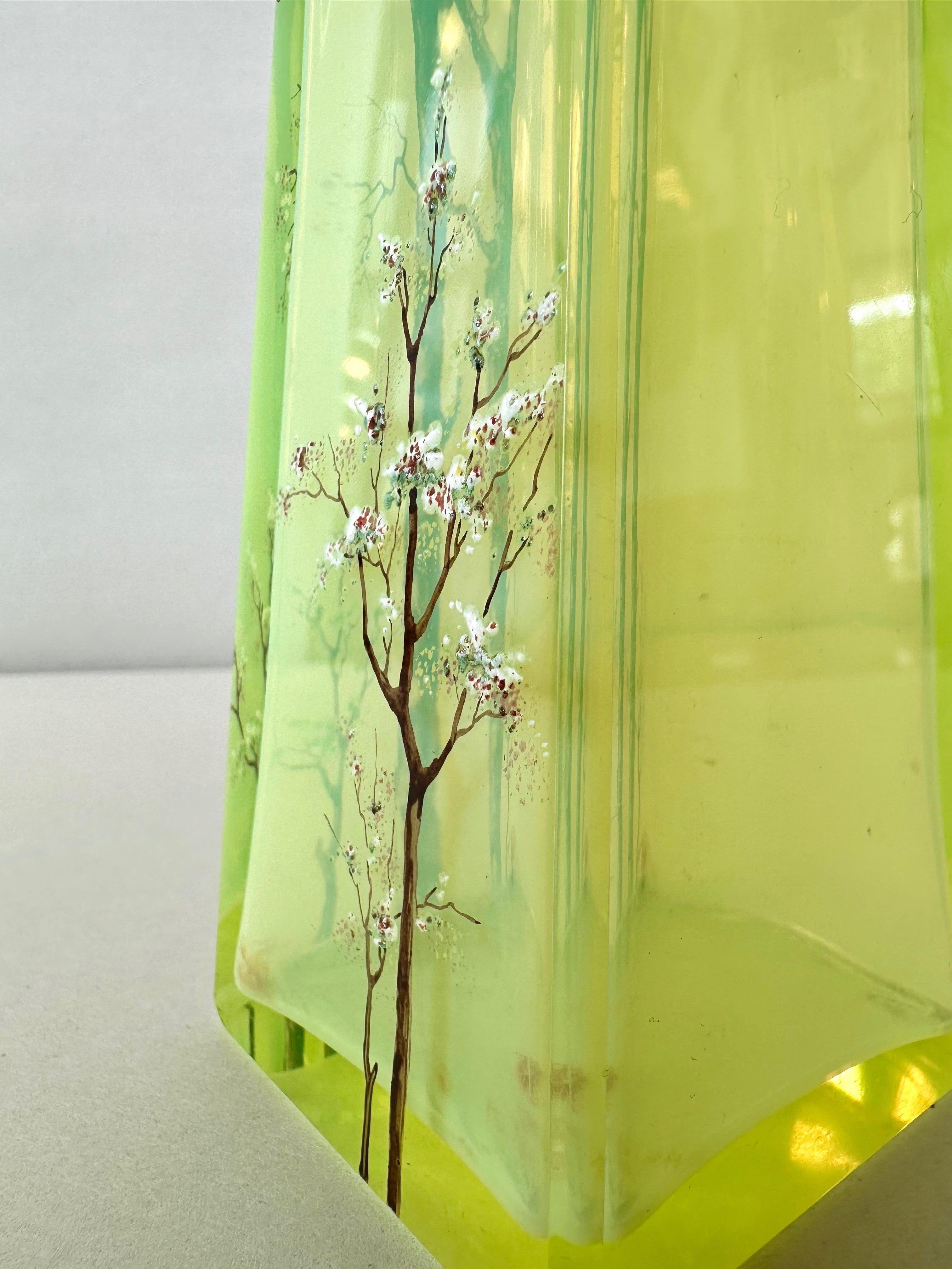 Daum-Style Cherry Tree Motif Hand-Painted Vaseline Glass Vase, circa 1900 7