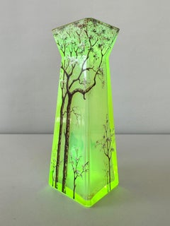 Daum-Style Cherry Tree Motif Hand-Painted Vaseline Glass Vase, circa 1900