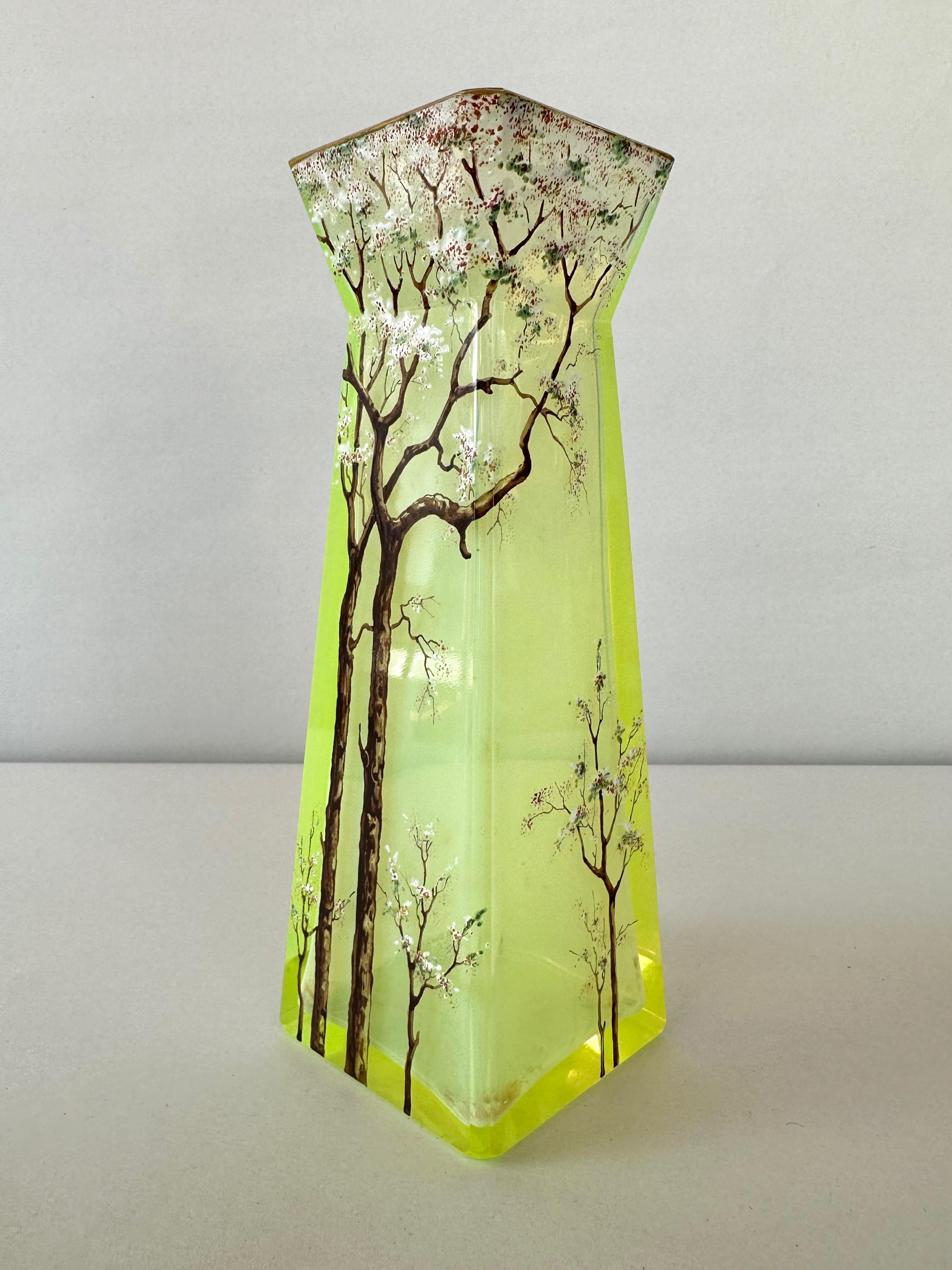 Art Nouveau Daum-Style Cherry Tree Motif Hand-Painted Vaseline Glass Vase, circa 1900