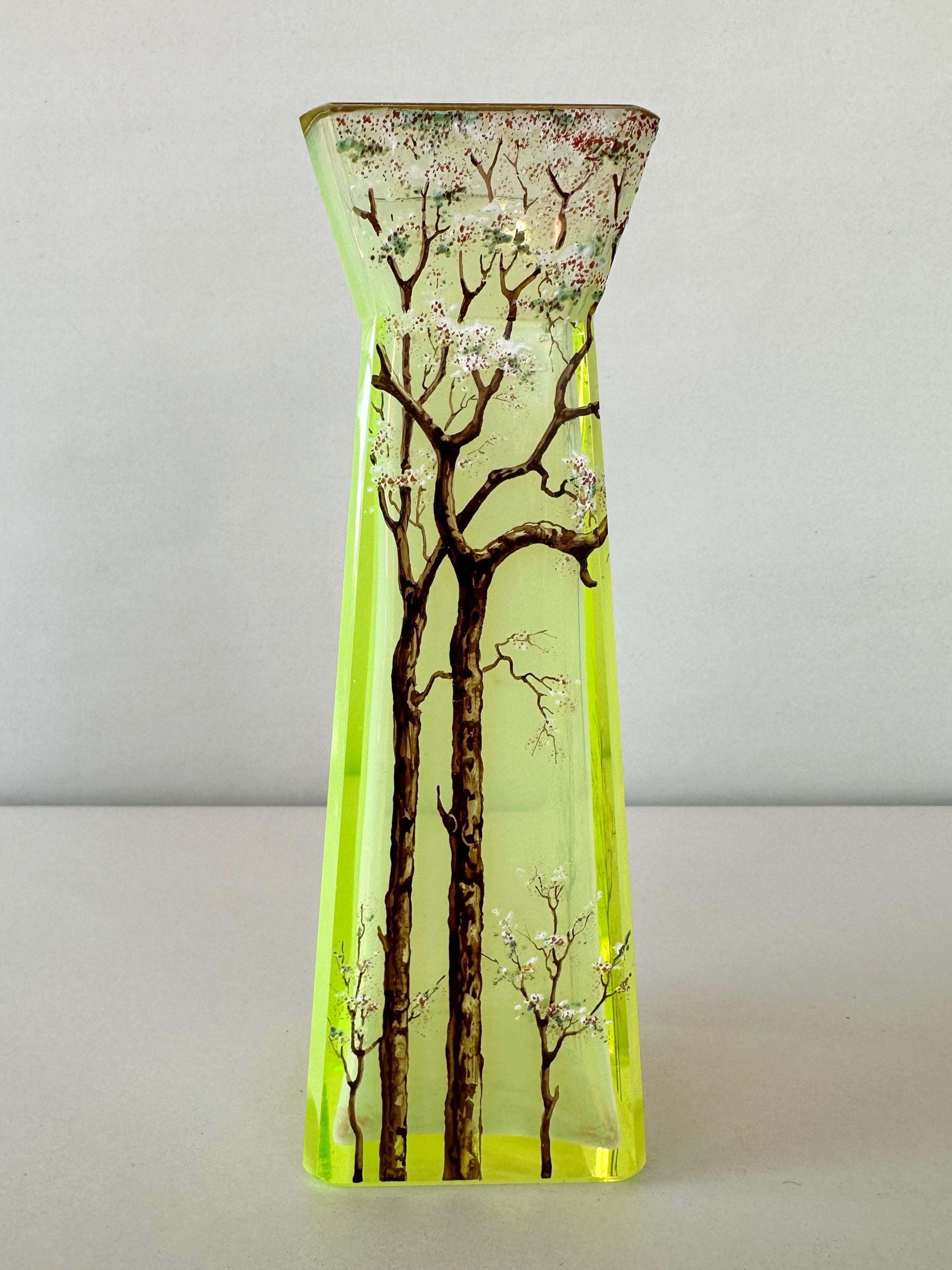 European Daum-Style Cherry Tree Motif Hand-Painted Vaseline Glass Vase, circa 1900
